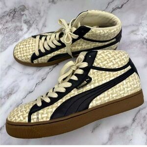 Puma Vintage Mid Top Sneakers Tweed Basket Weave Tan Black Leather RARE